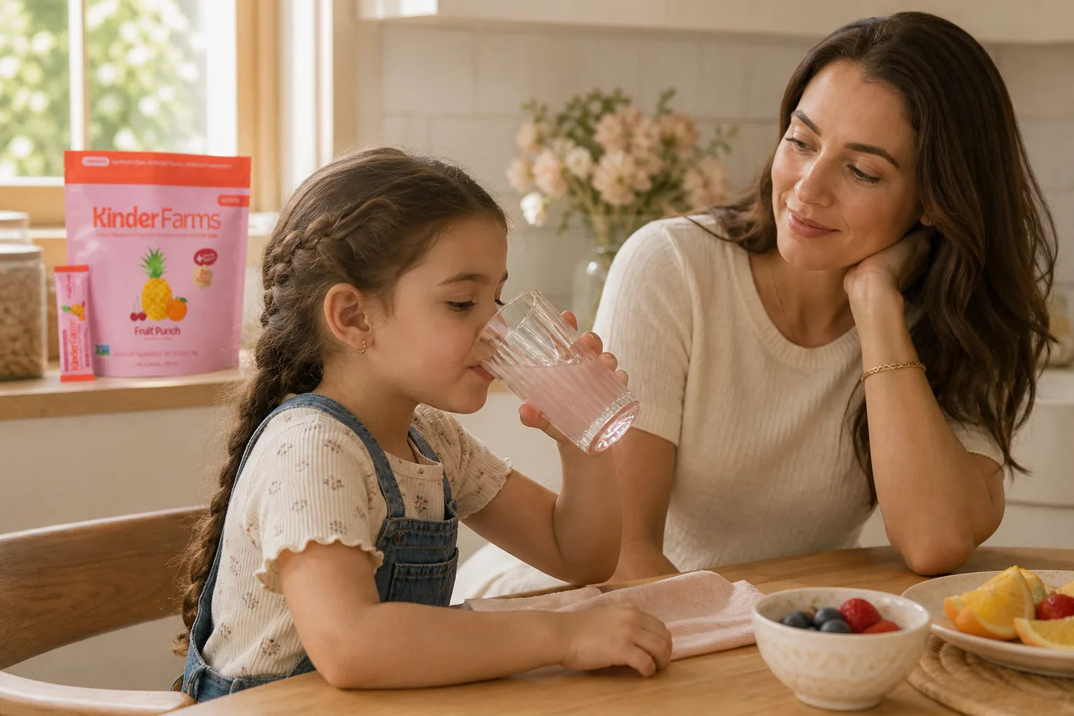Child drinking an electrolyte drink with her mother nearby