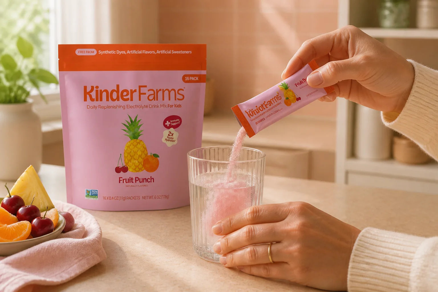 Parent mixing KinderFarms Electrolyte Powder into water