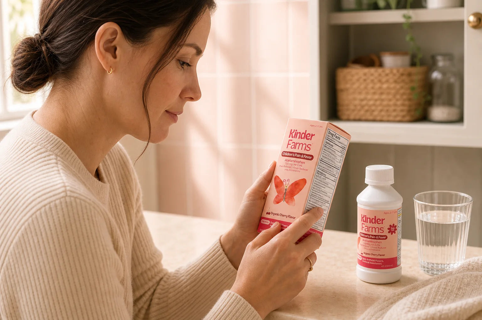 Parent checking the Children's Pain and Fever Drug Facts label
