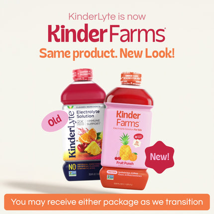 Announcement that Kinderlyte has rebranded to KinderFarms. Shows old and new bottle designs side-by-side. Text notes customers may receive either package during the transition.
