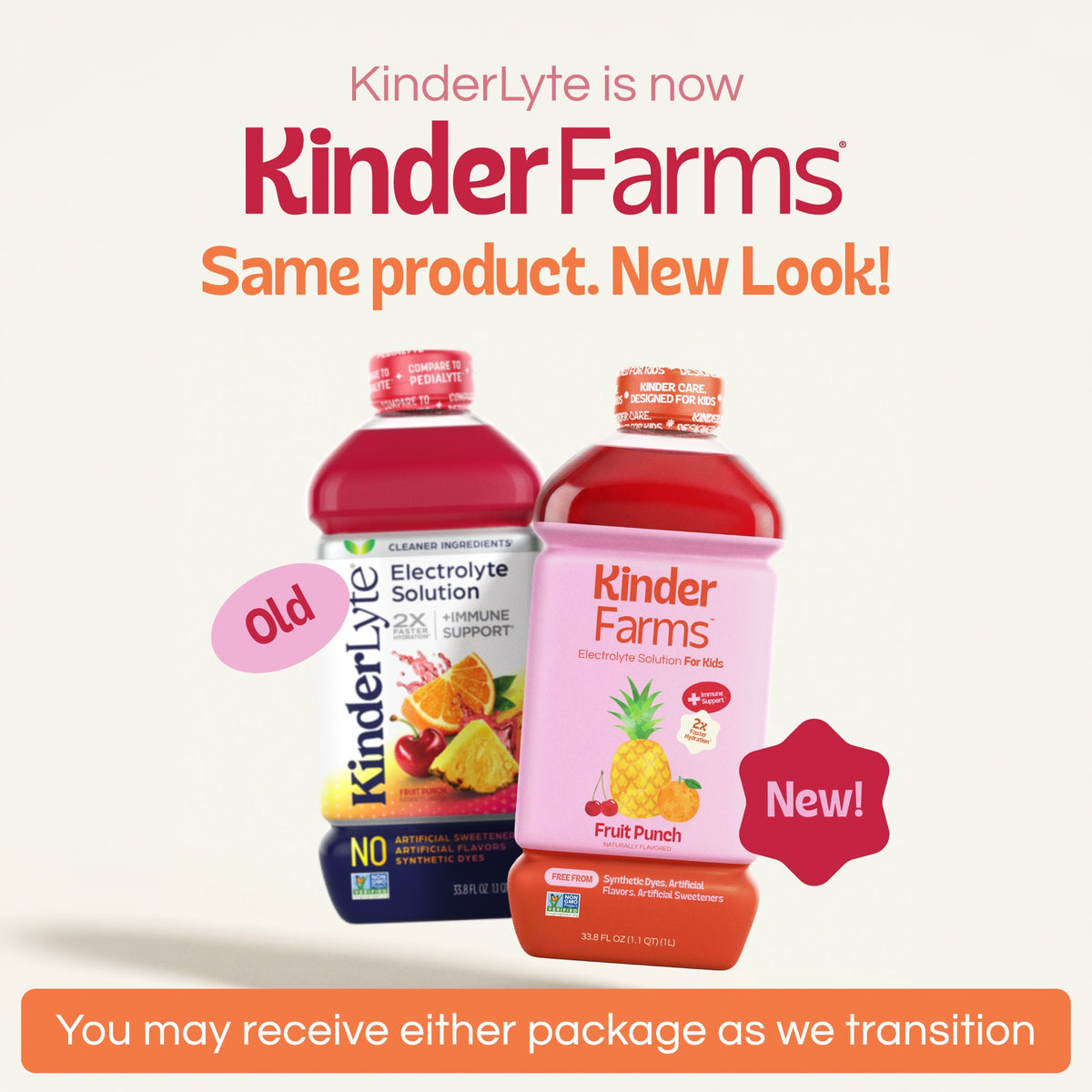 Announcement that Kinderlyte has rebranded to KinderFarms. Shows old and new bottle designs side-by-side. Text notes customers may receive either package during the transition. (Item 2 of 6)