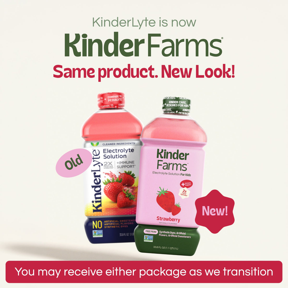 Announcement that Kinderlyte has rebranded to KinderFarms. Shows old and new bottle designs side-by-side. Text notes customers may receive either package during the transition. (Item 2 of 6)