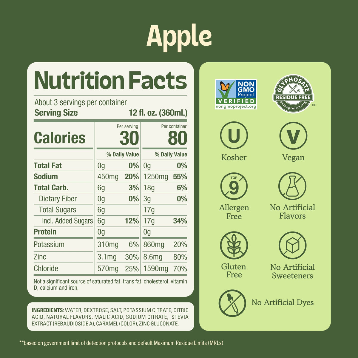 Product label for Apple flavored beverage listing ingredients such as water, dextrose, and sea salt, along with a full nutrition facts table and health claim icons. (Item 2 of 5)