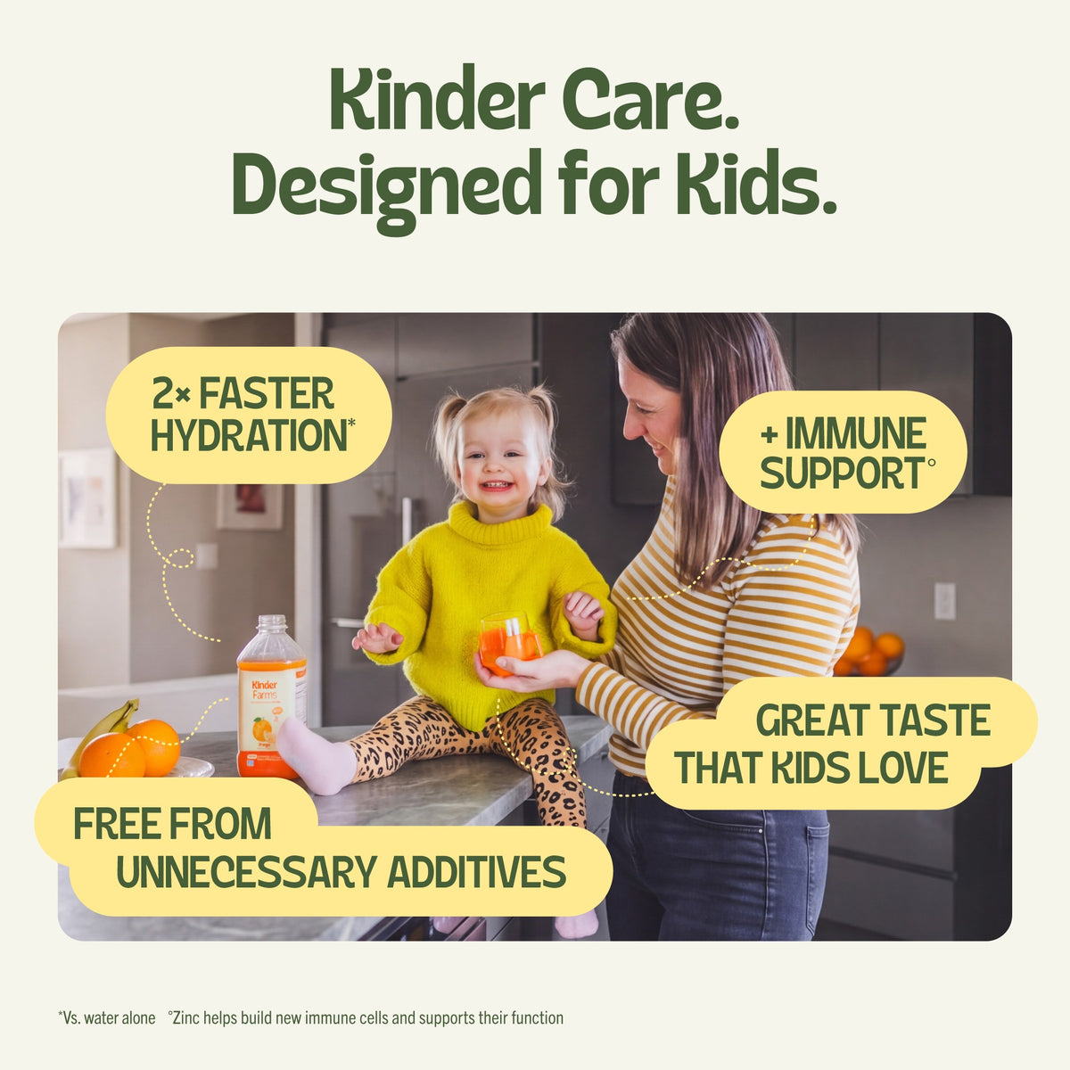 Promotional image for KinderFarms featuring a mother and child. Yellow bubbles highlight benefits like faster hydration, immune support, and kid-friendly taste. (Item 6 of 6)