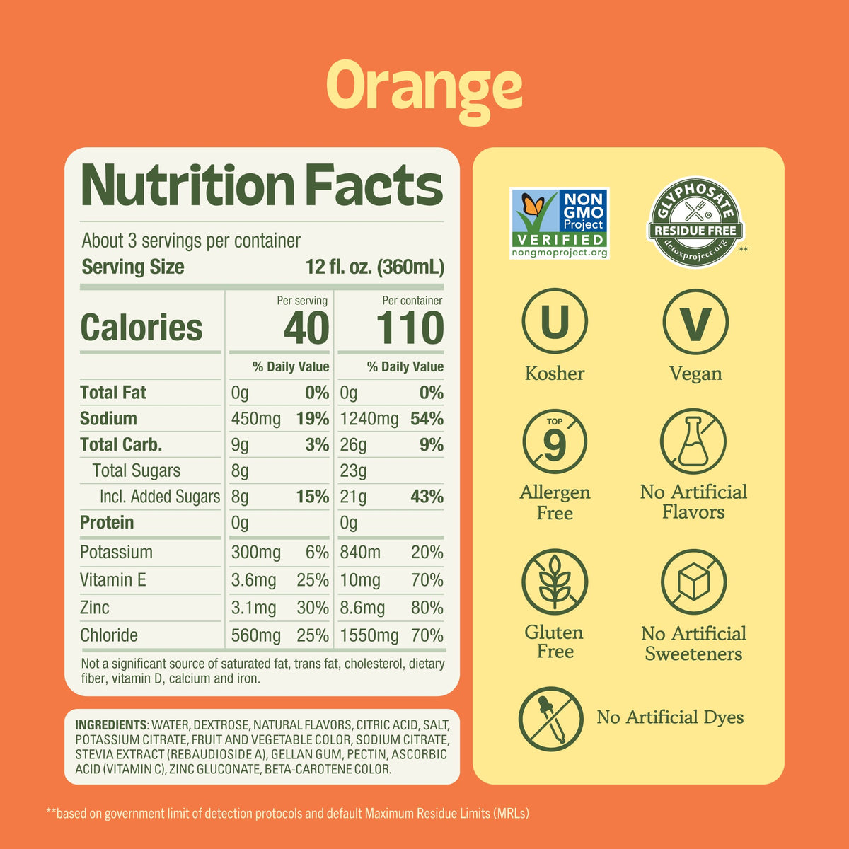 Nutrition Facts label for an orange drink showing 40 calories per serving. It lists ingredients and certifications like Non-GMO, Glyphosate Residue Free, Kosher, Vegan, and Gluten Free. (Item 2 of 5)