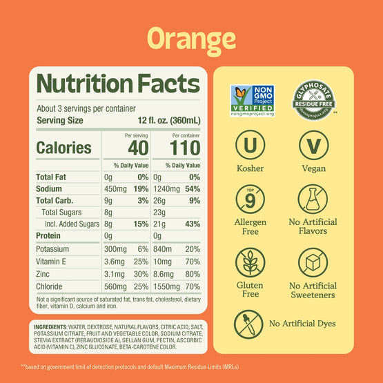 Nutrition Facts label for an orange drink showing 40 calories per serving. It lists ingredients and certifications like Non-GMO, Glyphosate Residue Free, Kosher, Vegan, and Gluten Free.