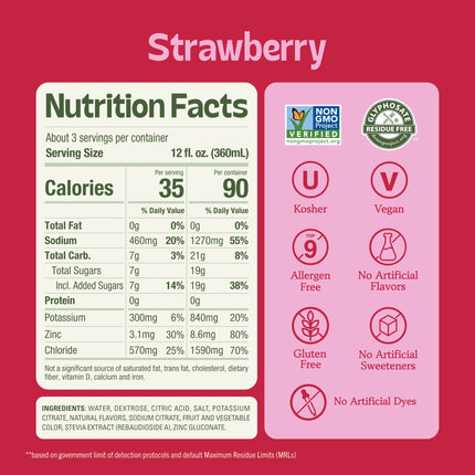 Nutrition facts for a strawberry beverage showing 35 calories per 12 fl oz serving, with certification icons for Non-GMO, Vegan, Kosher, Gluten-Free, and No Artificial Flavors.