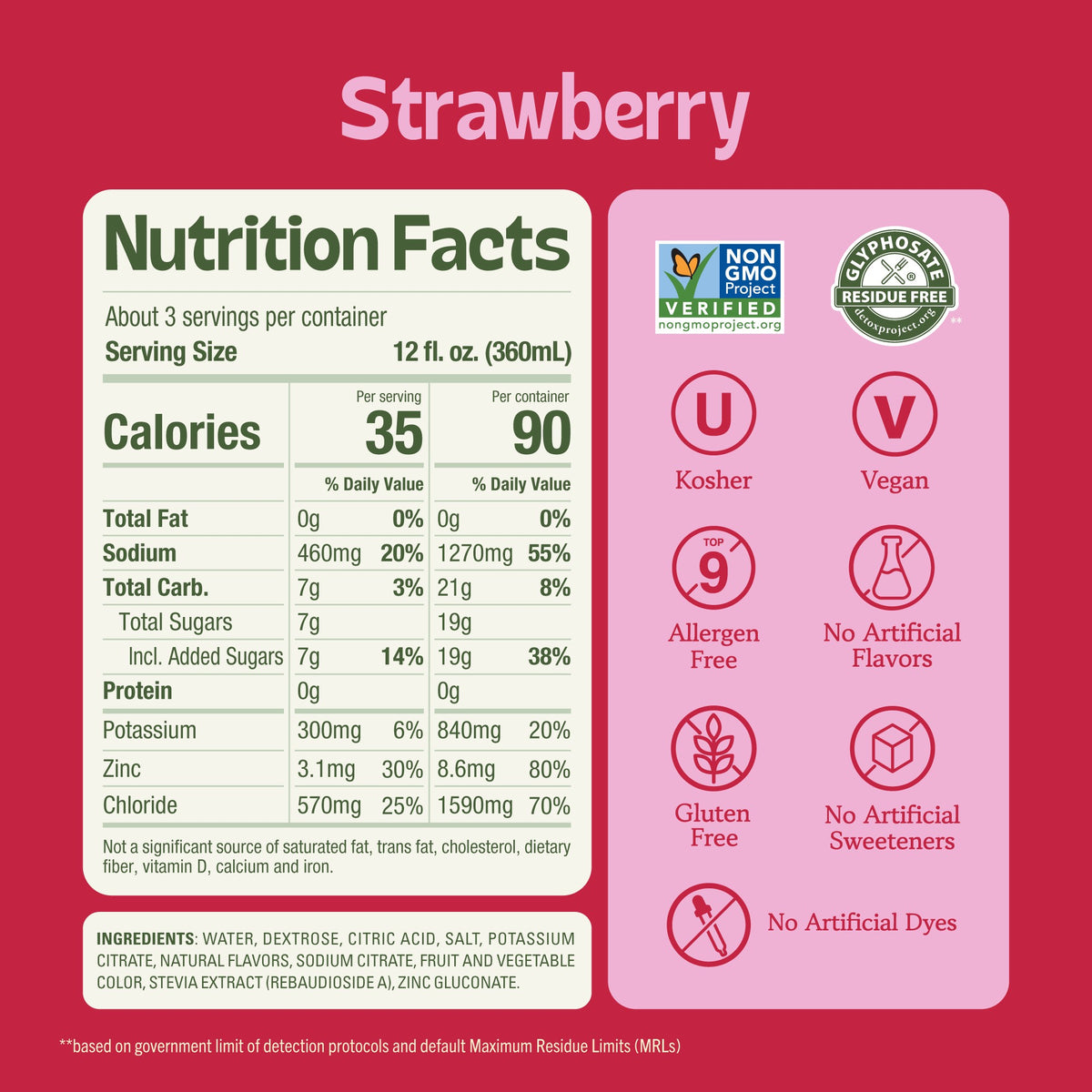 Nutrition facts for a strawberry beverage showing 35 calories per 12 fl oz serving, with certification icons for Non-GMO, Vegan, Kosher, Gluten-Free, and No Artificial Flavors. (Item 3 of 6)