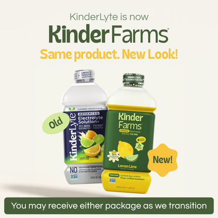 Announcement that Kinderlyte has rebranded to KinderFarms. Shows old and new bottle designs side-by-side. Text notes customers may receive either package during the transition.