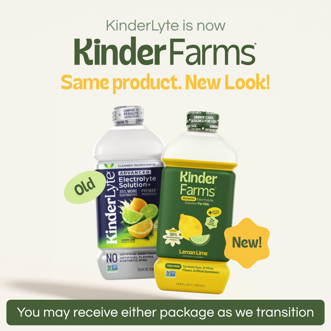 Announcement that Kinderlyte has rebranded to KinderFarms. Shows old and new bottle designs side-by-side. Text notes customers may receive either package during the transition.
