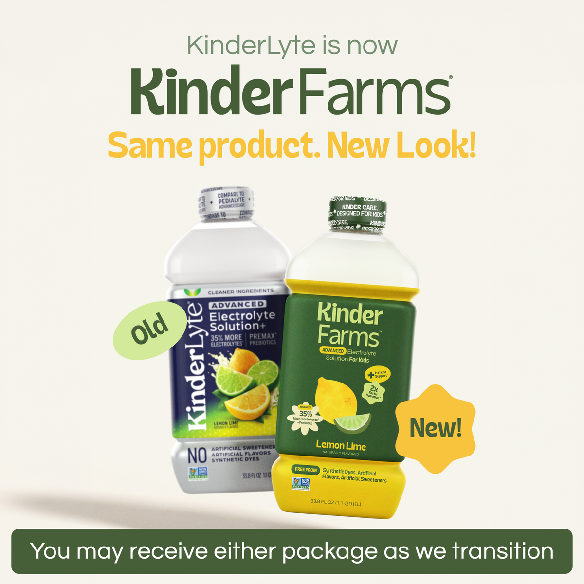 Announcement that Kinderlyte has rebranded to KinderFarms. Shows old and new bottle designs side-by-side. Text notes customers may receive either package during the transition. (Item 2 of 6)