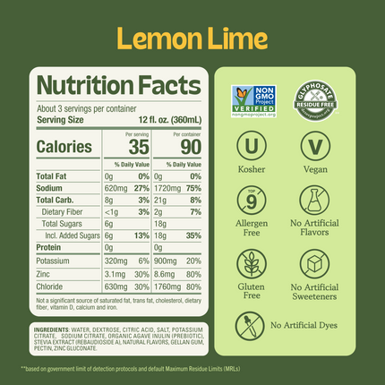 Advanced Lemon Lime Electrolyte Solution product label with a Nutrition Facts table, ingredients list, and icons for Non-GMO, Vegan, and Gluten-Free.