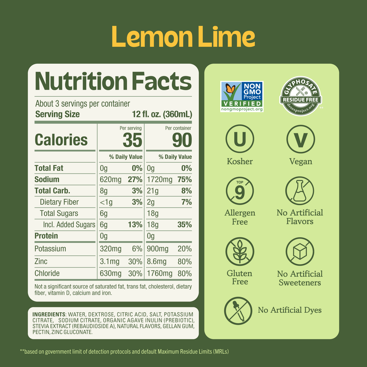 Advanced Lemon Lime Electrolyte Solution product label with a Nutrition Facts table, ingredients list, and icons for Non-GMO, Vegan, and Gluten-Free. (Item 3 of 6)