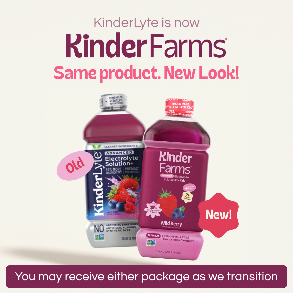 Announcement that Kinderlyte has rebranded to KinderFarms. Shows old and new bottle designs side-by-side. Text notes customers may receive either package during the transition. (Item 2 of 6)