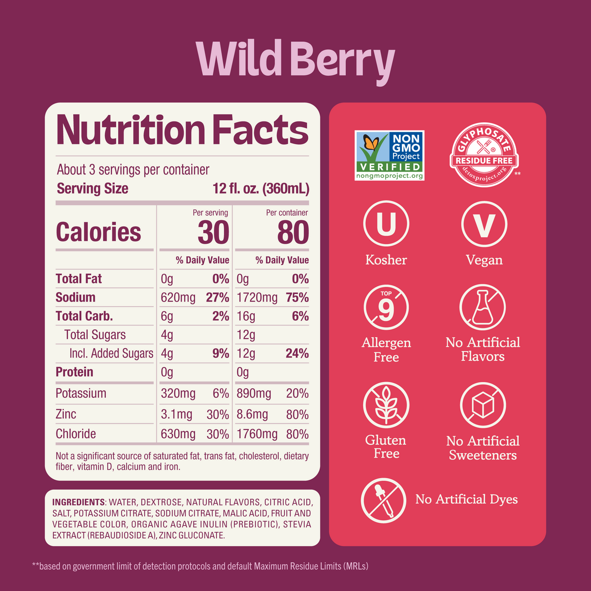 Advanced Wild Berry Electrolyte Solution product label with a Nutrition Facts table, ingredients list, and icons for Non-GMO, Vegan, and Gluten-Free. (Item 3 of 6)
