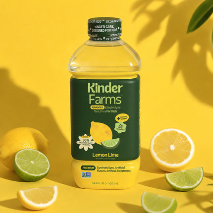 A bottle of Kinder Farms Lemonade Electrolyte Solution for Kids surrounded by fresh lemons on a bright yellow background.