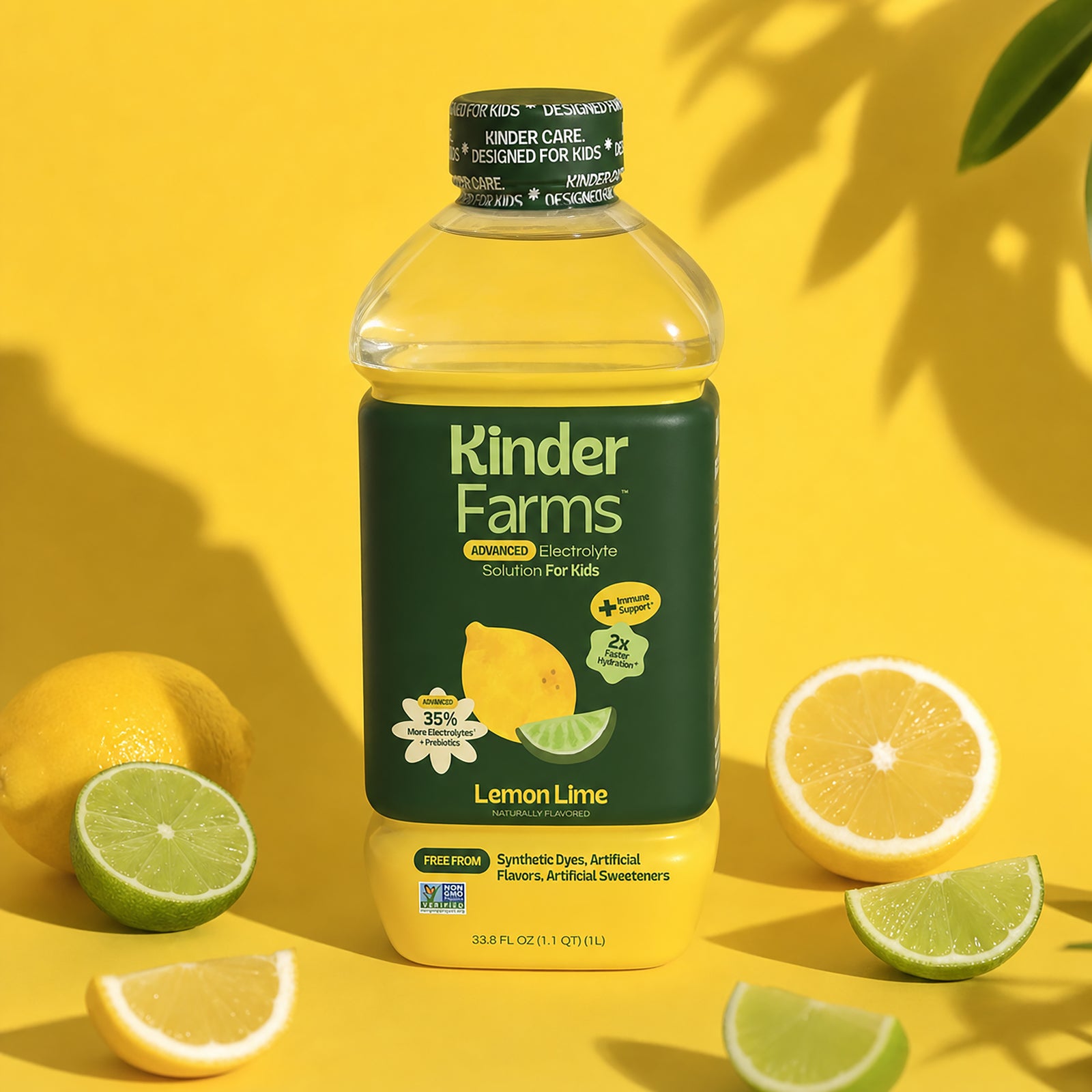 A bottle of Kinder Farms Lemonade Electrolyte Solution for Kids surrounded by fresh lemons on a bright yellow background.