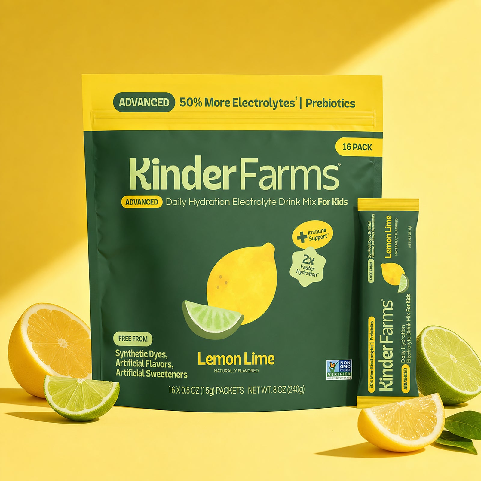 A 16-pack bag and single stick of KinderFarms Advanced Electrolyte Drink Mix in Lemon Lime flavor, with slices of lemons and limes around the product.
