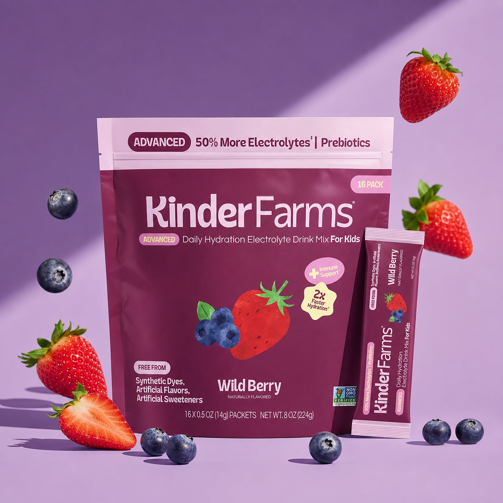 KinderFarms Advanced Wild Berry hydration drink mix pouch and single stick pack displayed with fresh strawberries and  blueberries against a solid purple backdrop.