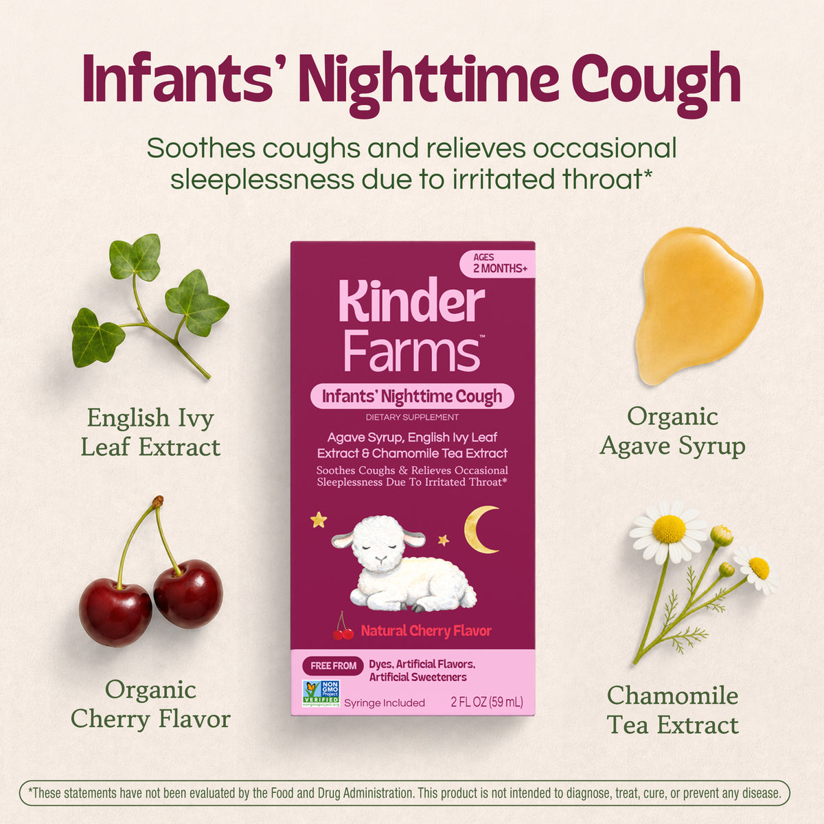 A box of Kinder Farms Infants' Nighttime Cough medicine surrounded by images of English ivy leaf extract, organic agave syrup, organic cherry flavor, and chamomile tea extract (Item 3 of 8)