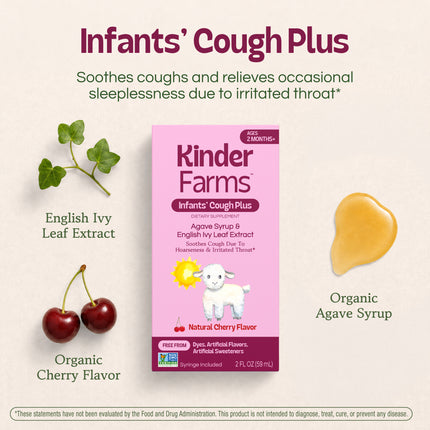Promotional graphic for Kinder Farms Infants' Cough Plus featuring the product packaging surrounded by illustrations of its natural ingredients: ivy leaf, cherries, and agave syrup.