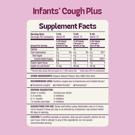 Supplement facts label for Infants' Cough Plus, showing nutritional information, serving suggestions by age, recommended uses, and caution instructions on a purple background.