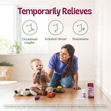 A mother smiles at her toddler on the floor. Above them, icons indicate relief for occasional coughs, irritated throat, and hoarseness. Kinder Farms medicine is displayed on the right.