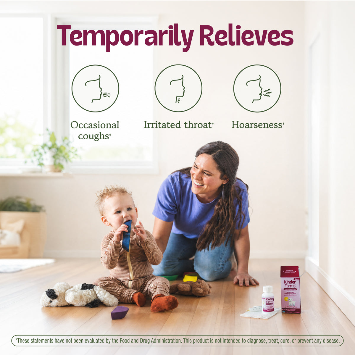 A mother smiles at her toddler on the floor. Above them, icons indicate relief for occasional coughs, irritated throat, and hoarseness. Kinder Farms medicine is displayed on the right. (Item 5 of 8)