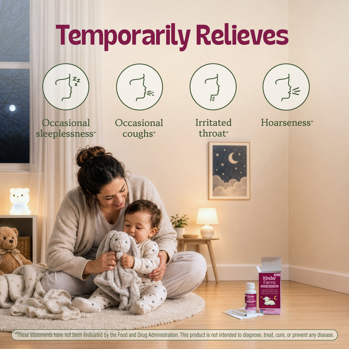 A mother and baby sitting on a rug in a nursery with Kinder Farms medicine. Text at the top lists relief for occasional sleeplessness, coughs, irritated throat, and hoarseness. (Item 5 of 8)