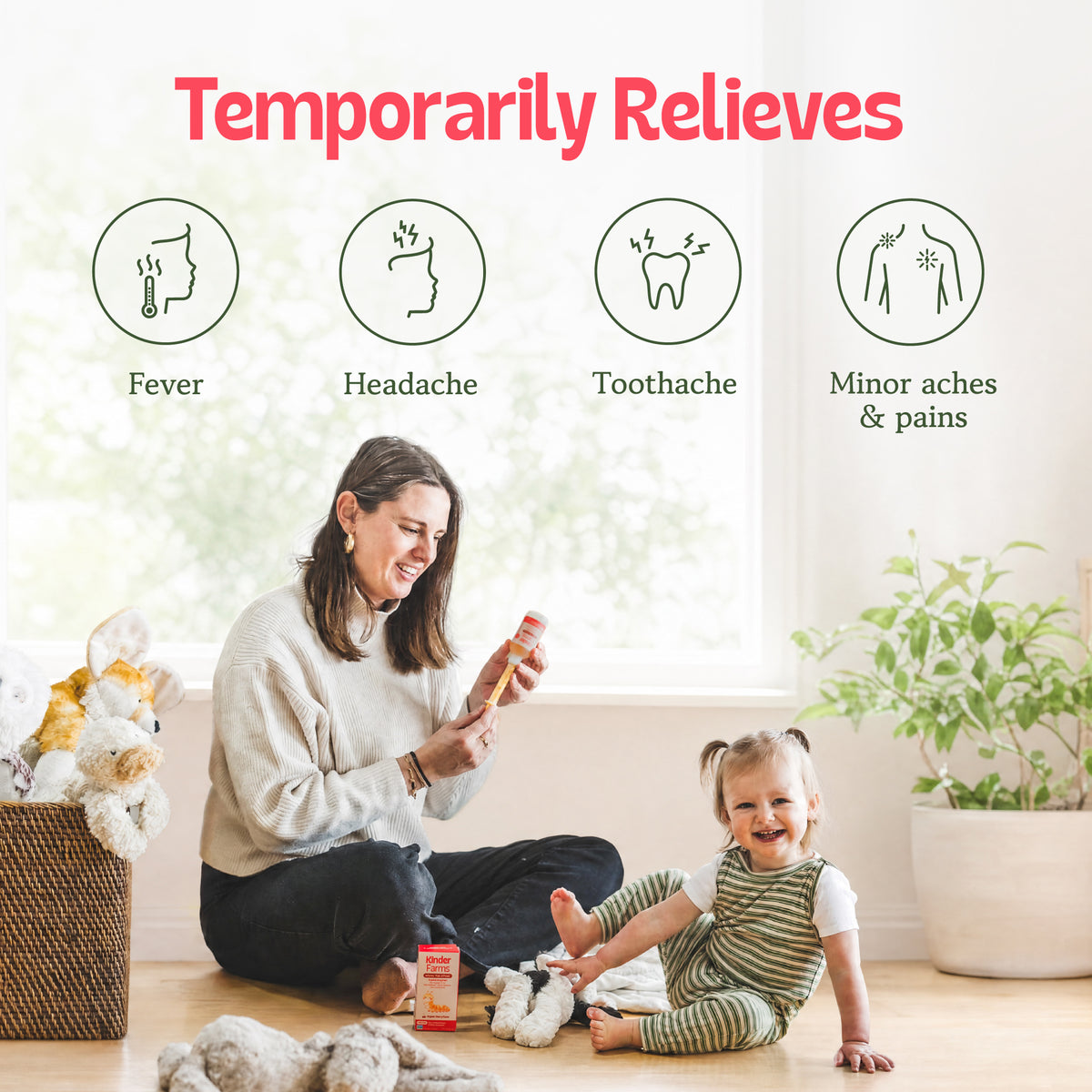 A woman holds a medicine dropper while sitting with a toddler. Above them, icons indicate relief for fever, headache, toothache, and minor aches and pains. (Item 12 of 15)