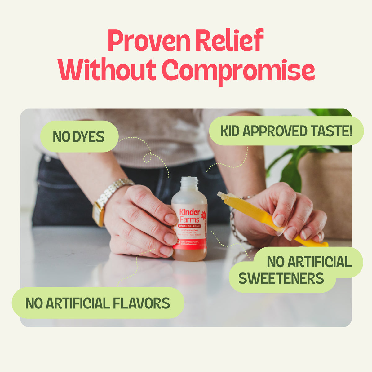 Promotional image for Kinder Farms featuring a bottle and syringe. Text reads 'Proven Relief Without Compromise' with callouts for no dyes, artificial flavors, or artificial sweeteners. (Item 6 of 15)