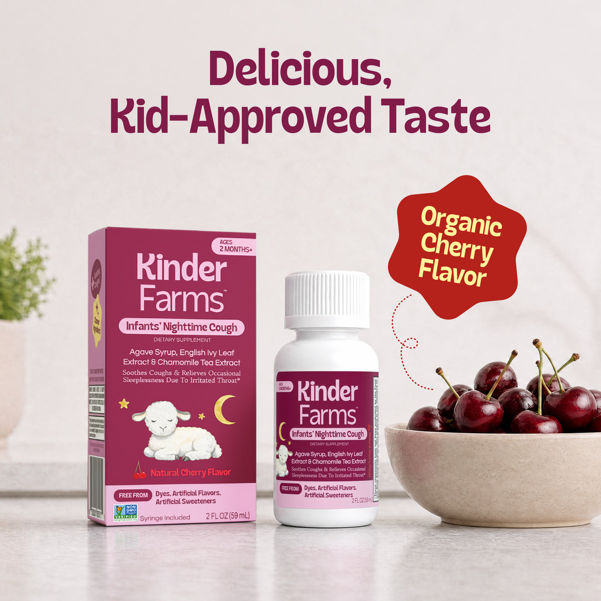A box and bottle of Kinder Farms Infants' Nighttime Cough syrup next to a bowl of fresh cherries, labeled with Delicious, Kid-Approved Taste. (Item 7 of 8)