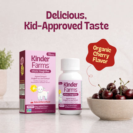 A pink box and white bottle of Kinder Farms Infants' Cough Plus medicine sit on a counter next to a bowl of cherries, with text stating "Delicious, Kid-Approved Taste."