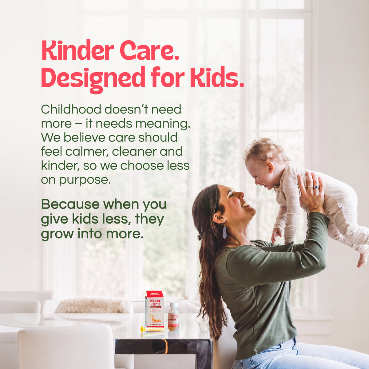 A mother holding up her happy baby, with text emphasizing cleaner and simpler care for kids. (Item 8 of 15)