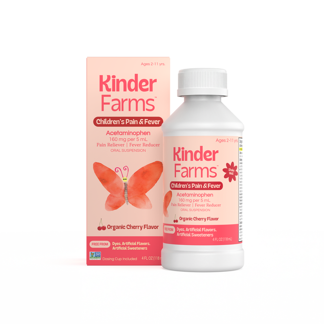 KinderFarms Children's Pain & Fever Cherry — box and bottle