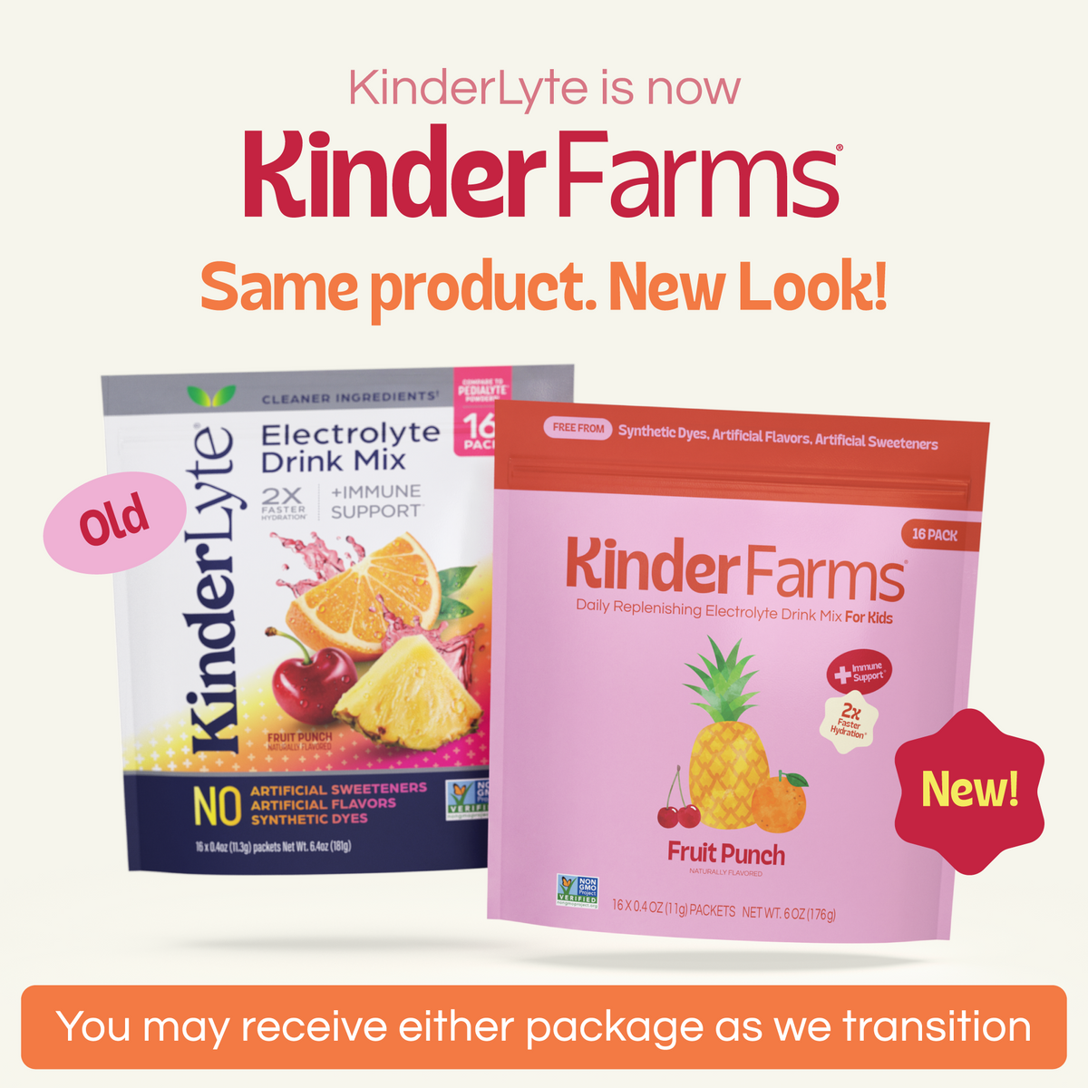 A graphic comparing KinderLyte's old packaging and KinderFarms' new look. It states that the product is the same and customers may receive either version during the transition. (Item 2 of 6)