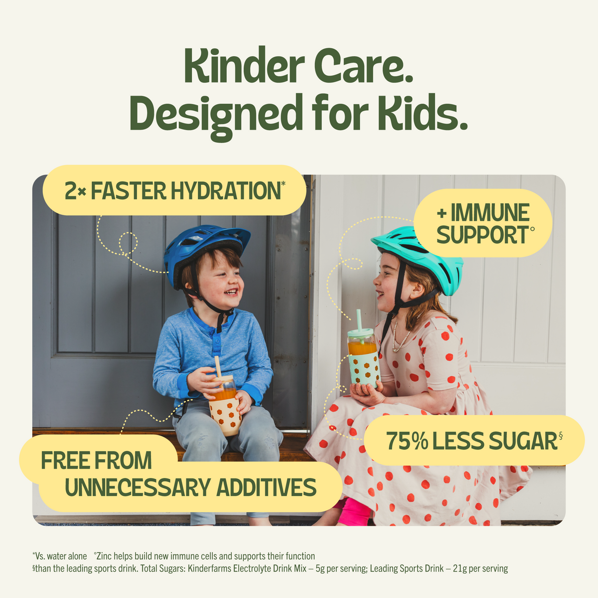 KinderFarms ad featuring two smiling kids in helmets with drinks. Key benefits listed: more electrolytes, faster hydration, and immune support. (Item 6 of 6)