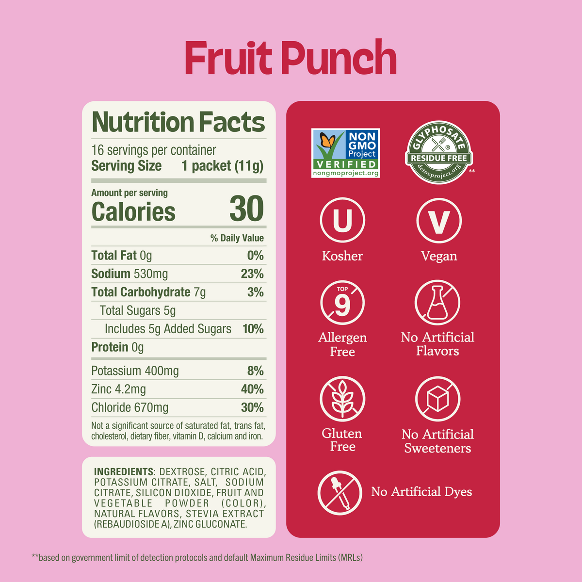 Nutrition facts label for Fruit Punch showing 30 calories per serving and certifications including Non-GMO, Vegan, Gluten-Free, and Top 9 Allergen Free. (Item 3 of 6)