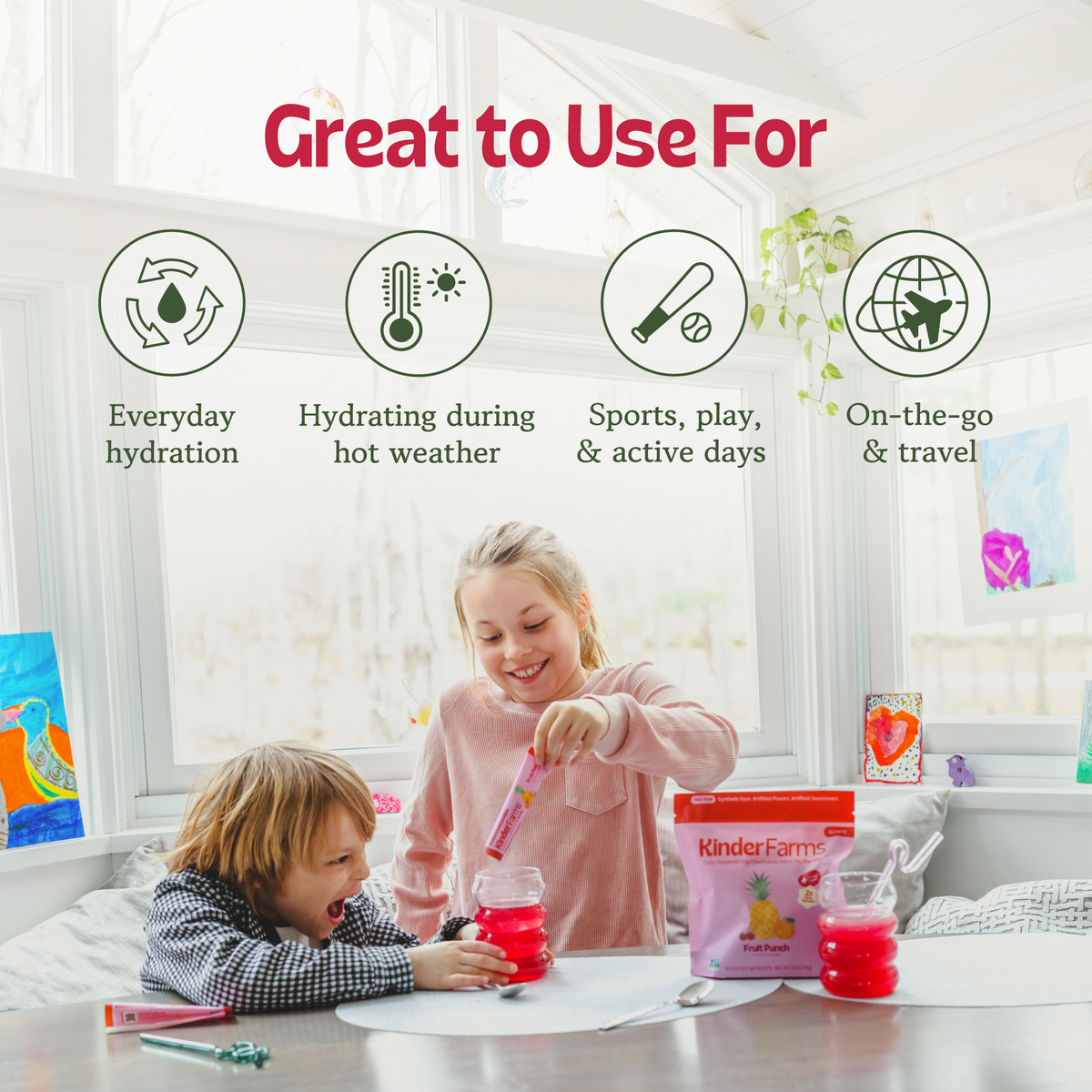 Marketing image for KinderFarm showing kids mixing a drink. Top text says 'Great to Use For' with icons for everyday hydration, hot weather, sports, and travel. (Item 4 of 6)