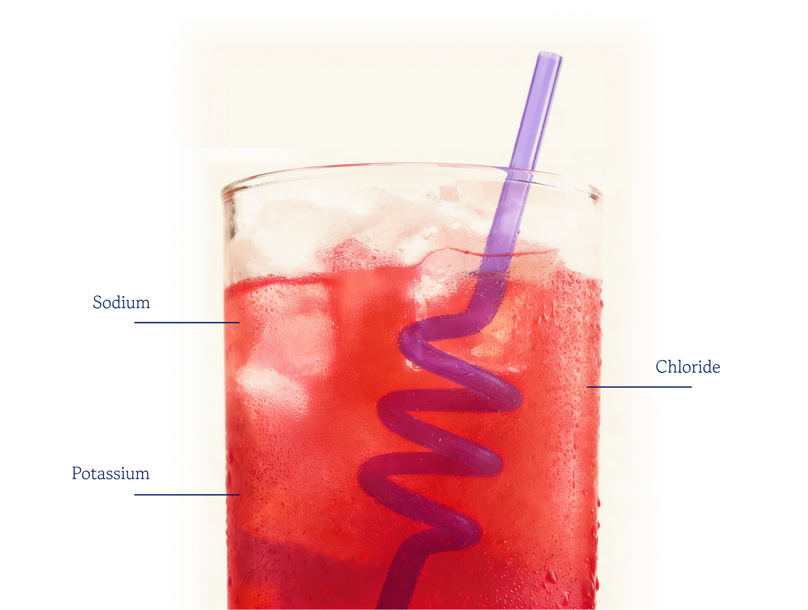 A refreshing red drink with ice cubes and a purple curly straw in a glass, with water droplets on the surface indicating it is very cold.
