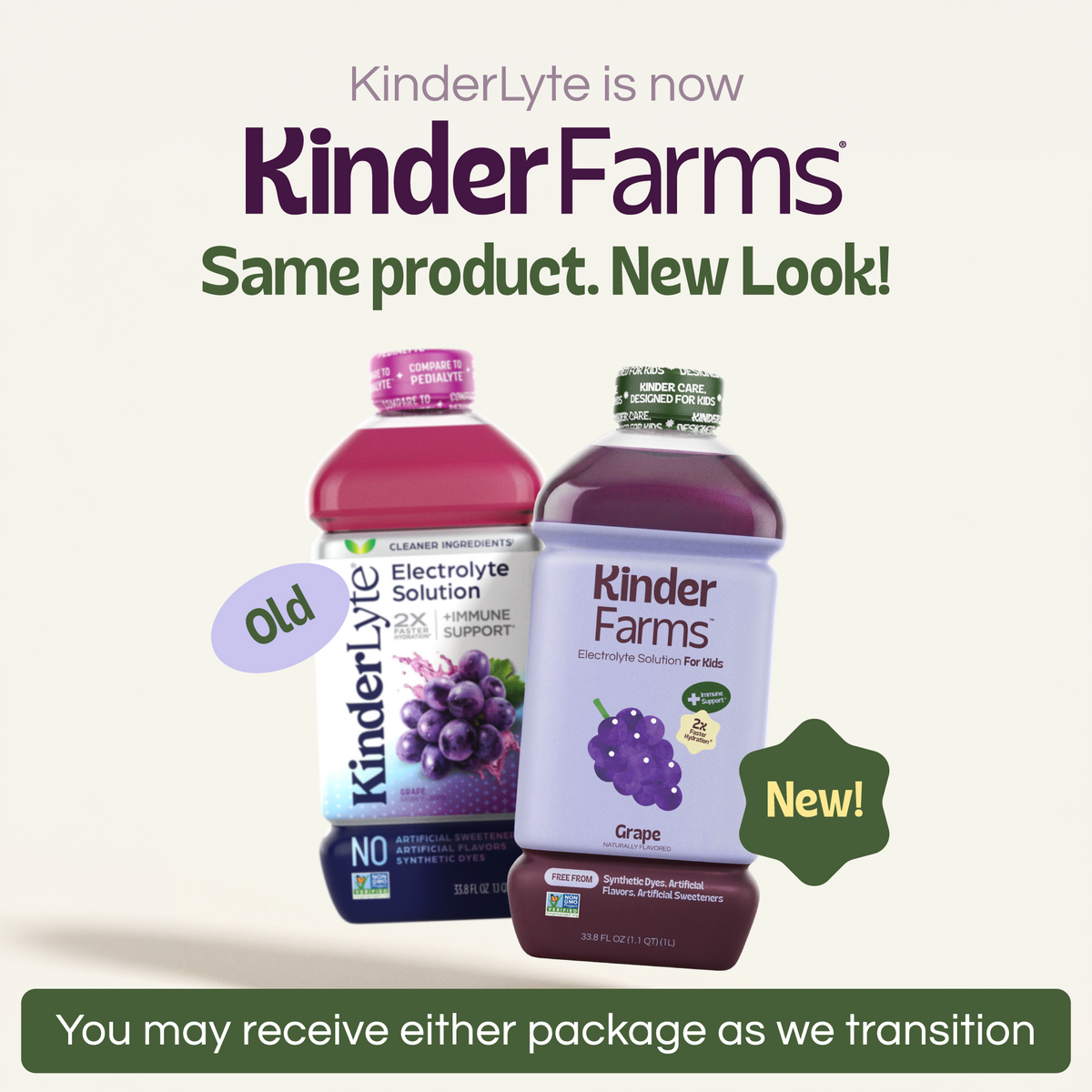 Announcement that Kinderlyte has rebranded to KinderFarms. Shows old and new bottle designs side-by-side. Text notes customers may receive either package during the transition. (Item 2 of 6)