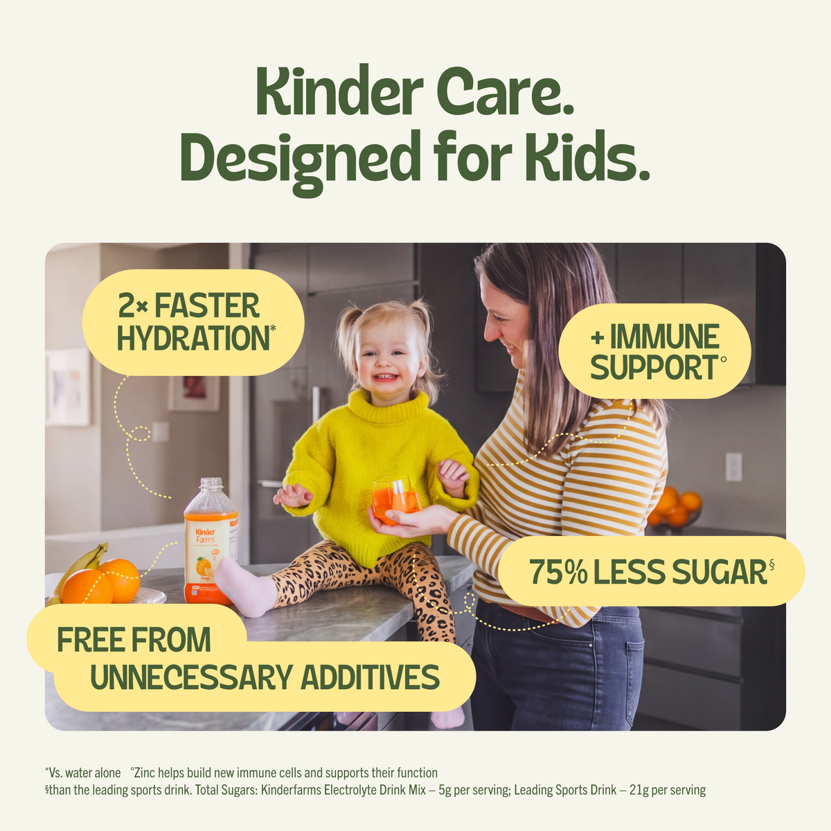 Promotional image for KinderFarms featuring a mother and child. Yellow bubbles highlight benefits like faster hydration, immune support, and kid-friendly taste. (Item 6 of 6)