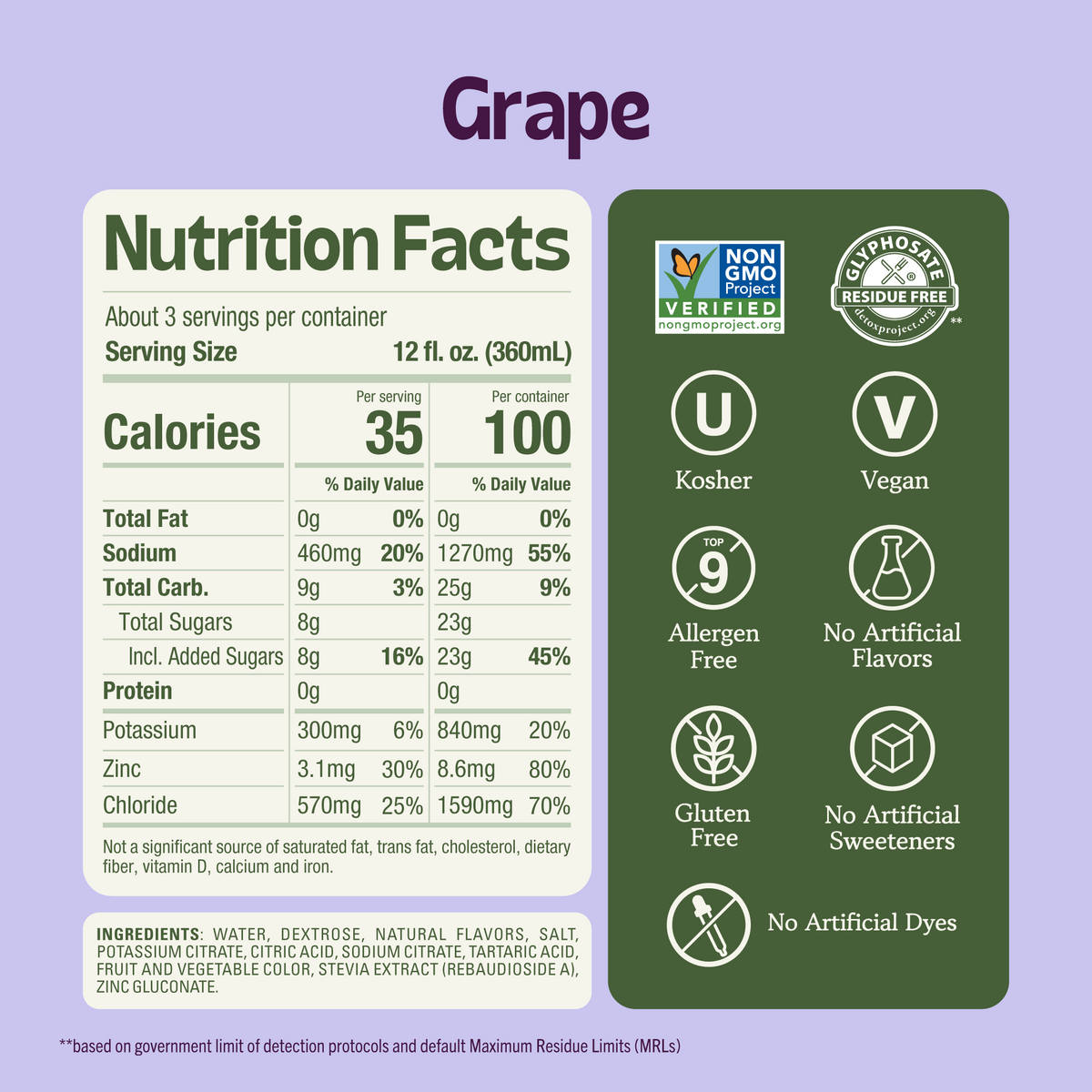 Grape Electrolyte Solution product label with a Nutrition Facts table, ingredients list, and icons for Non-GMO, Vegan, and Gluten-Free. (Item 3 of 6)