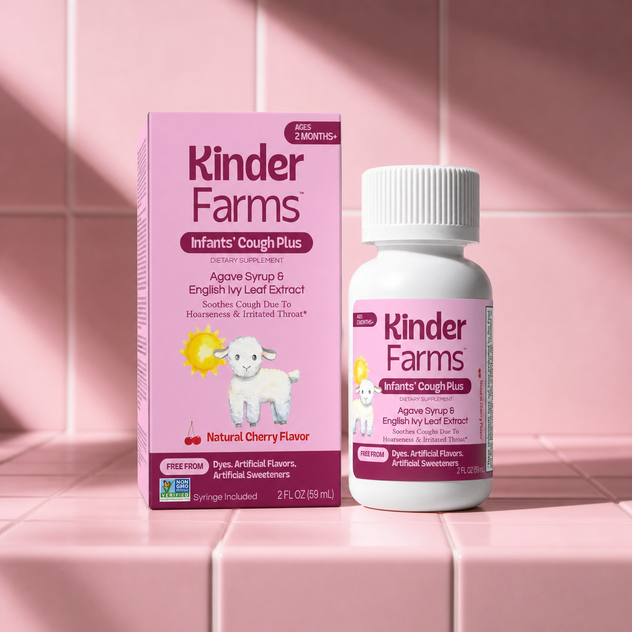 A box and bottle of Kinder Farms Infants' Cough Plus dietary supplement featuring a lamb illustration on a pink tile background.