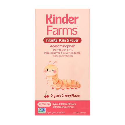 Kinder Farms Infants' Pain & Fever Acetaminophen syrup box in Organic Cherry Flavor, featuring a pink background and a cute cartoon caterpillar illustration.