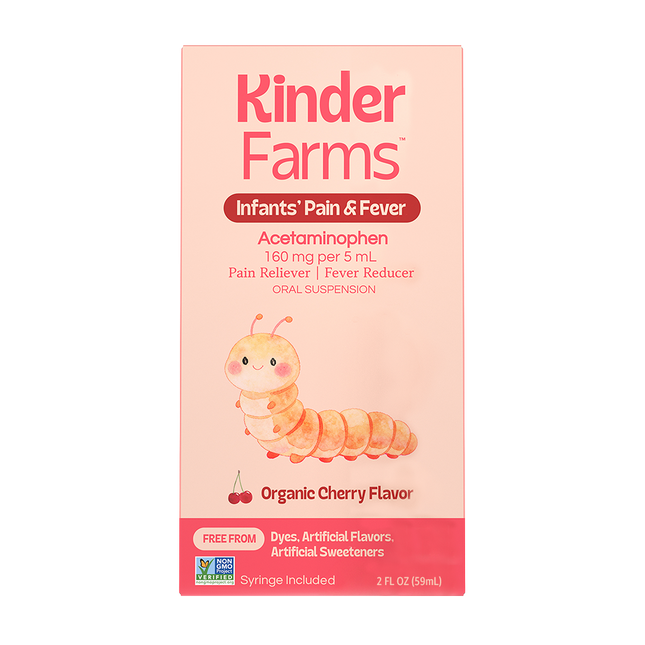Kinder Farms Infants' Pain & Fever Acetaminophen syrup box in Organic Cherry Flavor, featuring a pink background and a cute cartoon caterpillar illustration.
