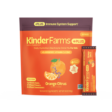 New 2026 packaging — KinderLyte® 16ct Herbal Immunity Supplement Orange Citrus — front of pouch with single-serve stick packet
