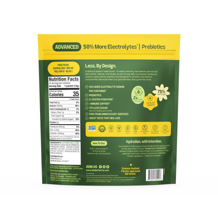 New 2026 packaging — KinderLyte® 16ct Advanced Electrolyte Powder Lemon Lime — back of pouch render