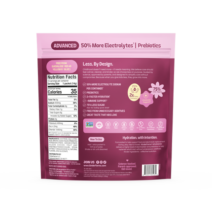 New 2026 packaging — KinderLyte® 16ct Advanced Electrolyte Powder Wild Berry — back of pouch render