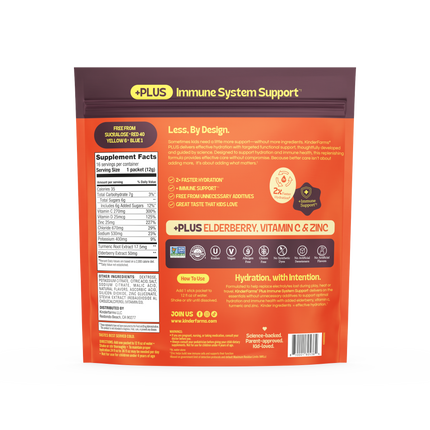 New 2026 packaging — KinderLyte® 16ct Herbal Immunity Supplement Orange Citrus — back of pouch render